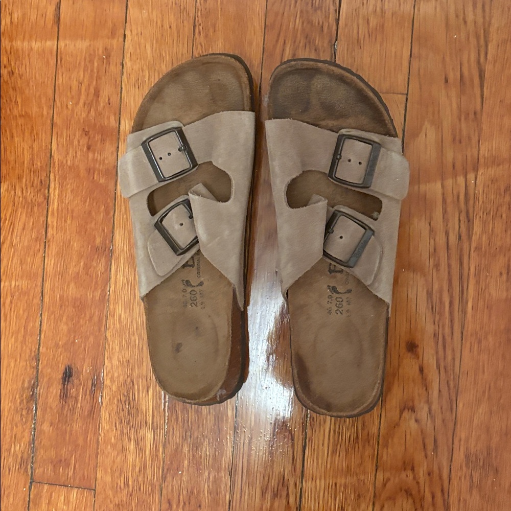 Birkenstock woman’s  Taupe Suede Two-Buckle Slide Sandals